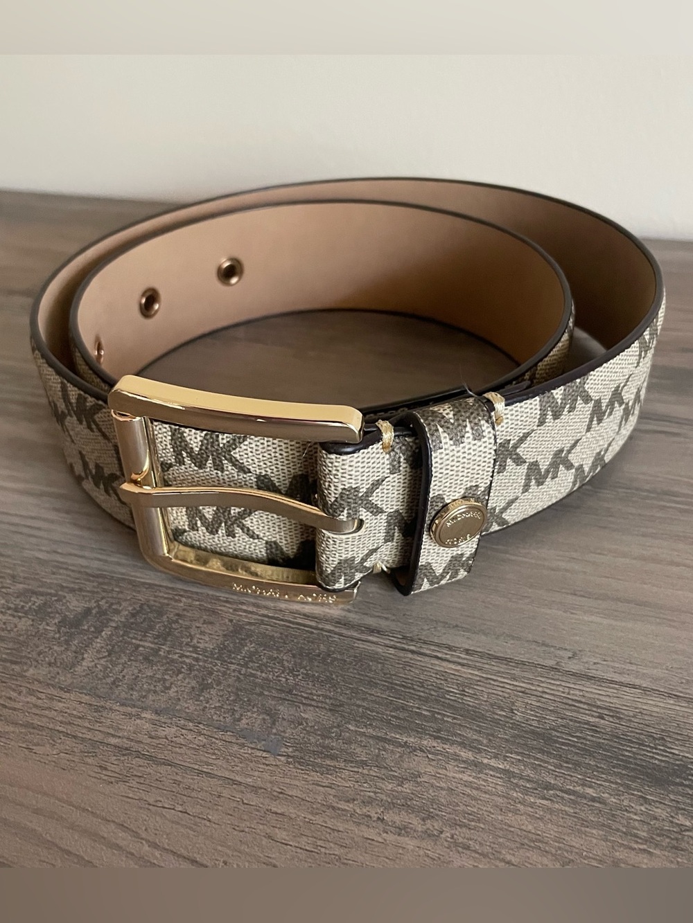 Michael Kors Signature MK Logo Belt Womens M Beige Taupe Gold Buckle 556023  Bra